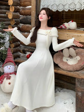 Elegant Solid Knitted Dresses for Women Korean Sweet Slash Neck Long Sleeves Princess Birthday Party Dress A-Line Vestidos Robe