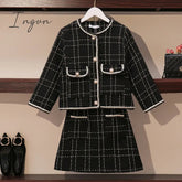 Ingvn - European Style Autumn Winter 2 Piece Set Women Short Woolen Tweed Jacket Coat & Bodycon Mini Skirt Set Women Two Piece Outfits
