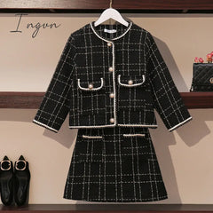 Ingvn - European Style Autumn Winter 2 Piece Set Women Short Woolen Tweed Jacket Coat & Bodycon Mini Skirt Set Women Two Piece Outfits