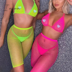 Ingvn - Trends Fishnet Grid See Through Neon Outfits Bandage Low Cut Sexy Backless Crop Top High Waist Skinny Shorts Women Party 2 Piece Sets