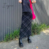 Ingvn - Autumn Fairy Grunge Long Tulle Skirts Women Kawaii Plaid Black Skirt Harajuku Low waisted Skirt Korean Fashion