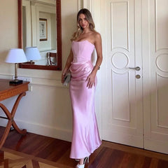 Women's Evening Dress Strapless Pink Prom Party Dresses Sexy Satin Long Corset Dress Elegant Maxi Gala Dresses