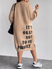 Midi Plus Size Casual Slogan Print Long Sleeve Round Neck Trapeze Sweatshirt Dress - Soft Medium Stretch Polyester Fabric, Loose Fit, Pullover Style, Machine Washable - Weekend Casual Wear for Fall Season