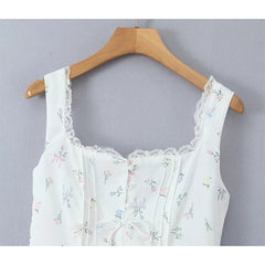 Sexy Slim Fit Short Floral Print Dress For Women Sleeveless Lacing Up A Line Holiday Party Dresses Summer Corset Robe