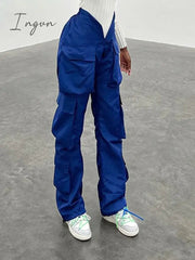 Ingvn - Vintage Y2k Cargo Pants Women Elastic High Waist Big Pockets Baggy Casual Capris Aesthetic Autumn Jogger Sweatpants