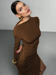 Skew Collar One Sleeve Sexy Maxi Dress For Women Gown Fashion Solid Thigh High Split Ruched Bodycon Club Long Dress