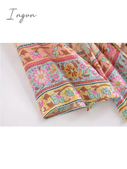 Ingvn - Vintage Peacock Floral Print Sashes Bohemian Kimono Women V Neck Batwing Sleeves Short Robe Boho Bikini Cover-ups