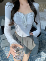 Ingvn - 2023 Spring Basic Lace Y2k Crop Tops Woman Slim Pure Color Korean T-shirt Office Lady Casual Fashion Clothing Female Design