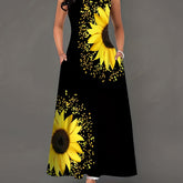 Sunflower Bloom Keyhole Maxi Dress - Casual Crew Neck, Sleeveless with Pockets - Feminine & Flattering Womens Summer Wear