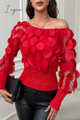 Ingvn - Celebrities Elegant Solid Appliques Mesh Off the Shoulder Tops