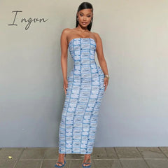 Ingvn - Women Print Off-shoulder Sleeveless Maxi Dress 2023 Summer Elegant Strapless Bodycon Cocktail Party Sundress Beach Streetwear