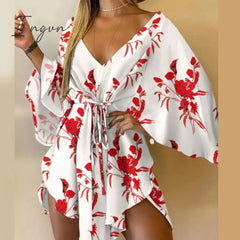 Ingvn - Summer Outfits Casual Leaf Leopard Print Harajuku Batwing Sleeve Dress Lady Elegant Lace-Up Irregular Party Dress Sexy V-Neck Women Mini Dress