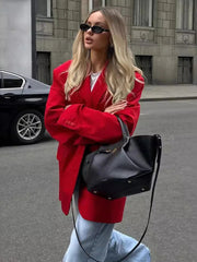 Ingvn Women's Red Suit Temperament Shoulder Pads Loose Coat Collar Pocket Casual Cardigan Fashion Office Ladies Suit Jacket