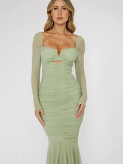 Square Collar Backless Sexy Midi Dress For Women Two Layer Mesh Sheer Long Sleeve Bodycon Club Party Long Dress New
