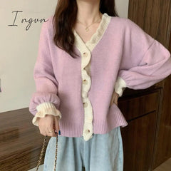 Ingvn - Spring Autumn New Women's Clothing Sweet V-Neck Knitted Cardigan Korean Fashion Buttons Long Sleeve Ruffles Sweaters Female