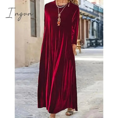 Ingvn - Women‘s Velvet Dress Shift Dress Caftan Dress Long Dress Maxi Dress Green Black Purple Long Sleeve Pure Color Pocket Winter Fall Spring Crew Neck Mature Winter Dress Daily Vacation 2023