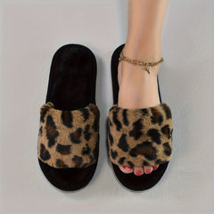 Cozy Leopard Print Plush Slippers for Women - Soft, Warm, Open-Toe, Slip-On Shoes with Fuzzy Fabric Upper and EVA Sole for Indoor Use - All-Season Comfortable Footwear for Relaxation
