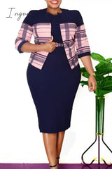 Ingvn - Purple Plus Size Elegant Striped Patchwork With Belt O Neck Wrapped Skirt Plus Size Two Pieces