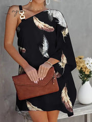 Ingvn - Sexy One-Shoulder Long Sleeve Party Dress Spring Vintage Halter Loose Irregular Dress Elegant Women Print Ruffle Dresses Vestido