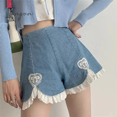 Ingvn - Summer Outfits Trends Cute Lolita Girls Denim Shorts Japanese Sweet High Waist Lace Irregular Women's Shorts S-4XL Summer Kawaii Sexy Blue Shorts