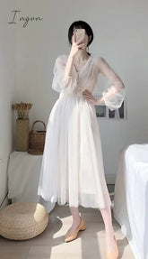 Ingvn - White Dress Elegant Fairy Chiffon Off Shoulder Dress Maxi Long Sleeve Sexy Beach Dresses Women Boho Autumn Clothes Vintage