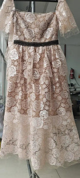 Ingvn - 2023 Summer Pink Women Lace Gauze Dress Mesh Tulle V Neck Bow Tie Rose Embroidery Midi Long Sequin Dress Evening Robe Quality