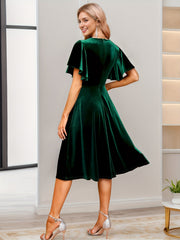 Velvet Plain Color V-neck Dress, Elegant Ruffle Sleeve A-line Midi Dress For Wedding Guests, Women's Clothing