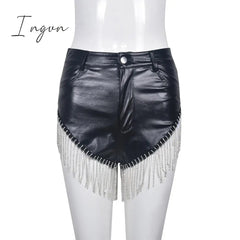 Ingvn - PU Leather Chain Shorts Summer Chic Trend Sexy Club Streetwear Outfits Tassels Solid Splicing Basic Women's Clothes 2023