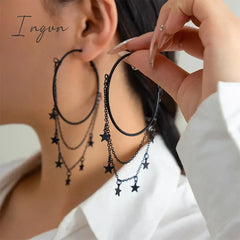 Punk Gothic Black Five-pointed Star Tassel Hoop Earrings for Women Niche Design Party Jewelry Cosplay Gifts