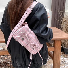 INGVN Plaid Pink Women Shoulder Bag Pleated Casual Sweet Cute New Fashion Leather Handbag Literary Exquisite Designer Armpit Bag