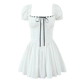 New Women Sexy Off Shoulder White Mini Dress Short Sleeve Low Waist Lace Up Back Sweet Summer Dresses Cotton Robe