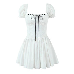 New Women Sexy Off Shoulder White Mini Dress Short Sleeve Low Waist Lace Up Back Sweet Summer Dresses Cotton Robe