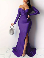 Off Shoulder Split Thigh Dress, Elegant Solid Long Sleeve Floor Length Party Dress, Women's Clothing
