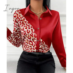 Ingvn - Women Long Sleeve Shirts Autumn New Elegant Satin Blouses Tops Office Leopard Print Patchwork Shirt Ladies Casual Lapel Top