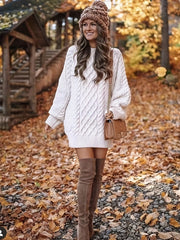 Cozy Cable Knit Sweater Dress - Soft, Casual, Solid-Colored, Long Sleeve, Comfortable, Relaxed Fit, Women's Winter Clothing, Everyday Wear, Office Lady Style