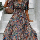 Plus Size Ethnic Floral Print Shirred Waist Dress, Casual Short Sleeve Dress For Spring & Summer, Women's Plus Size Clothing