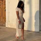 Women Fashion Solid Elegant Maxi Dress V-neck Short Sleeve Single Breasted Body-Shaping Robe Female Streetwear Clothing