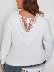 Lace Stitching Crew Neck Fuzzy Sweater, Casual Tied Back Long Sleeve Pullover Sweater, Women's Clothing