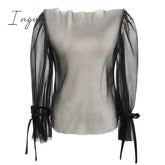 Ingvn - Black French Retro Top Women Summer Women Long Sleeve Mesh Shirt Sexy Slimming Blusas De Mujer Lace Sling Shorts Elegant Set