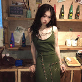 Pphmm outfit inspo Spring and Autumn Retro Green Knitted Sling Dress Women's Hot Girl Style Tight Waist Outer Wear Ripped Sheath Long Skirt