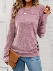 Button Decor Ruched T-Shirt, Casual Long Sleeve Top For Spring & Fall, Women's Clothing