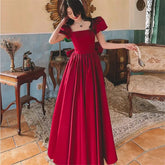 Solid Color Dress for Women Spring Summer New Beaded Bow Square Collar Short Sleeve Mid-length A-line Skirt Female Clothing M240