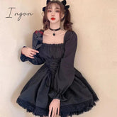 Ingvn - Womens New Trends White Lolita Dress Kawaii Vinatge Long Sleeve Mini Dresses Black Gothic Bandage Lace Patchwork Streetwear Square Collar