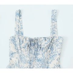 New Women French Style Floral Print Sling Short Dress Lace Up Bandage Back A-line Summer Dress Holiday Robe