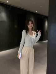 Ingvn - Pure Color Fake Two Pullover Korean Style Y2k Crop Tops Woman Slim Causal Long Sleeve Knitted Sweater Clothing 2023 Spring Chic