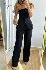 Ingvn - Elegant Solid Buttons Strapless Sleeveless Two Pieces