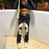 Ingvn - Womens Fashion Skull Patterned Low Rise Jeans Streetwear Women Clothing Black Denim Trousers Cyber Y2k Aesthetic Goth Pants C82-DI53