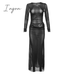 Ingvn - Sexy See Through Mesh Dress Black Party Night Club Outfits 2023 Fall Fashion Cutout Long Dresses Kylie Jenner C96-DI15
