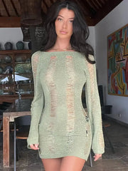 Ingvn - Fashion Trends Round Collar See Through Dress Women Sexy Long Sleeve Elegant Beachwear Hollow Out Backless Knitted Female Dress Summer
