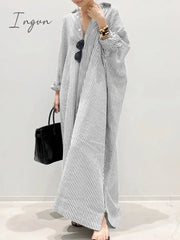 Ingvn - Summer New Dress Fashion Cotton Linen Striped Cardigan Loose Large Casual Temperament Commuter Irregular Women's Long Dress tops